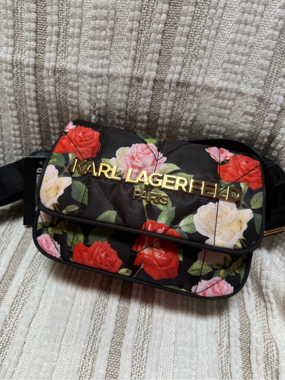 Karl Lagerfeld Quilted Floral Bag - Black with Red, Pink & Cream Roses